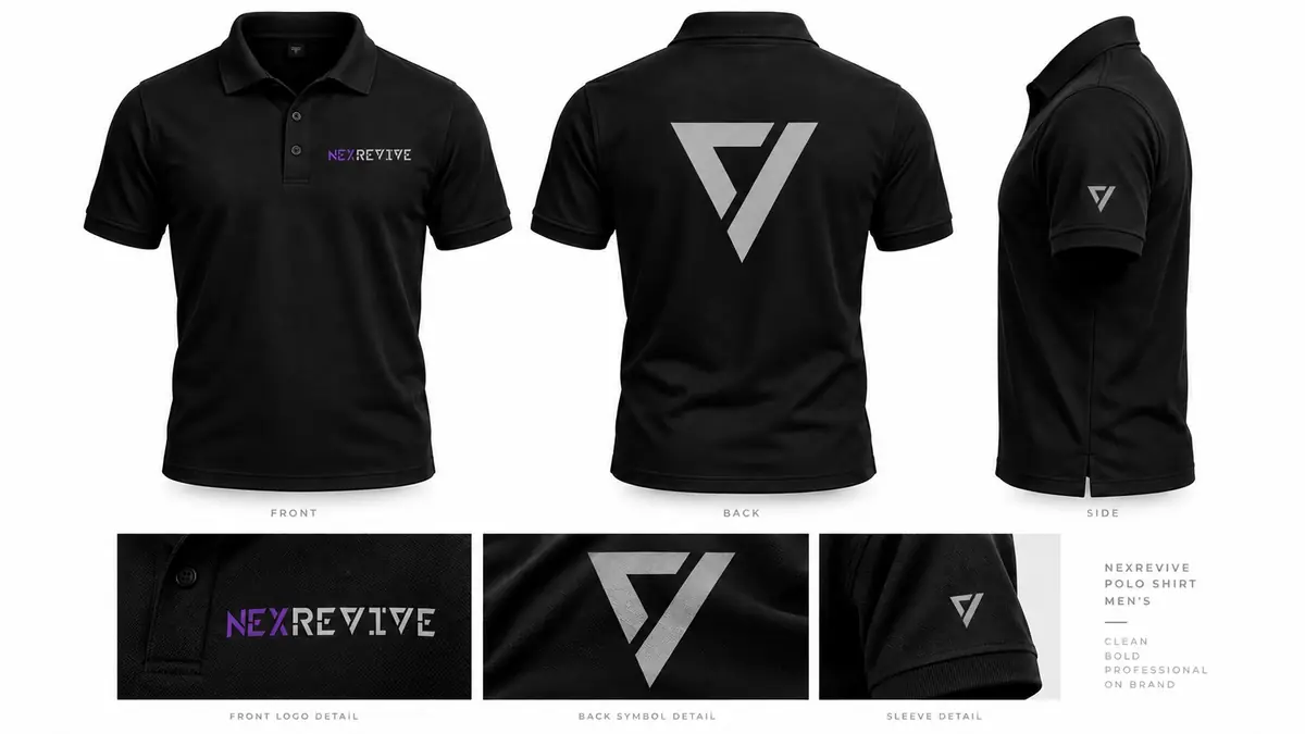 NexRevive branded workwear — black polo with wordmark on the chest and the cut-triangle symbol on the back