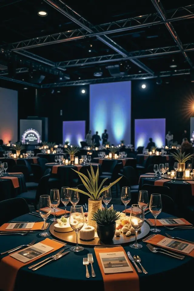 Gala dinner table styling under warm light